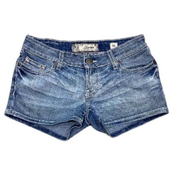 BKE Starlite Low Rise Denim Shorts 26 Stretch Distressed Embroidered EUC - Picture 1 of 12